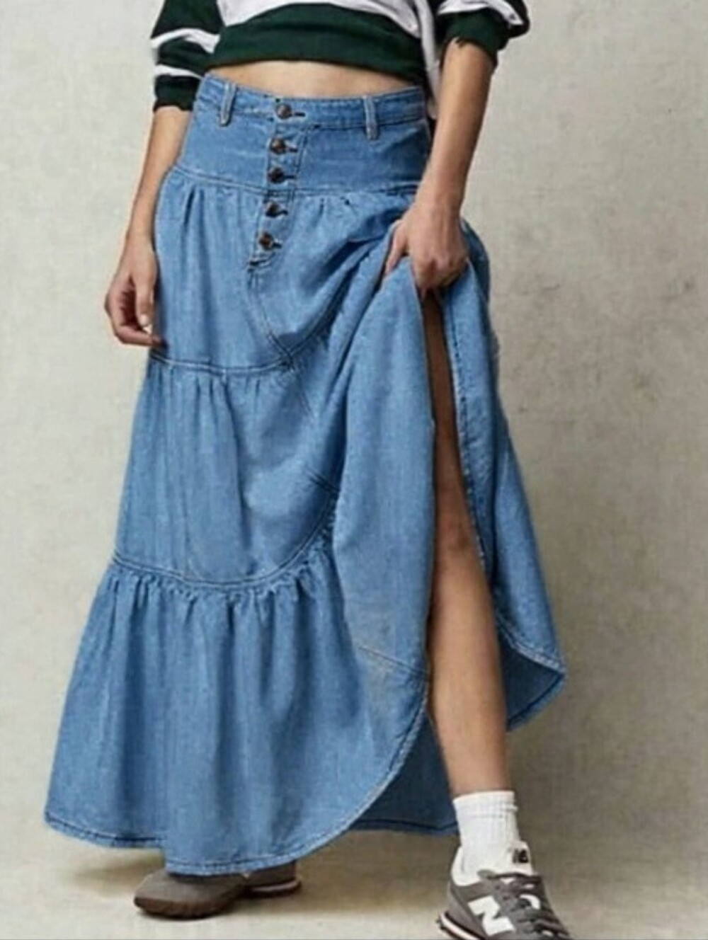 Free People We The Free CUSTOM Dyed Blue Sandwash Dreamweaver Tiered Maxi Skirt